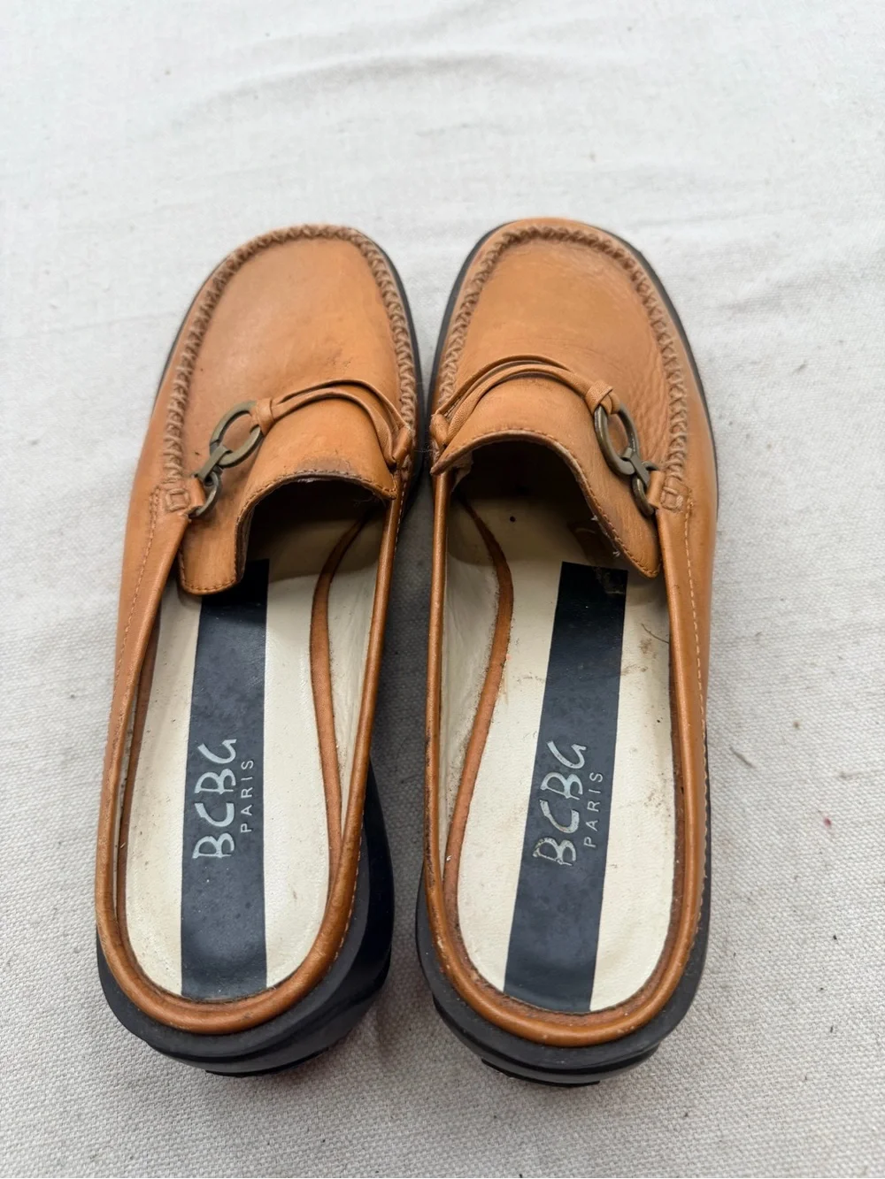 BCBG Paris Brown Leather Slip-On Loafers with Metal Bit
